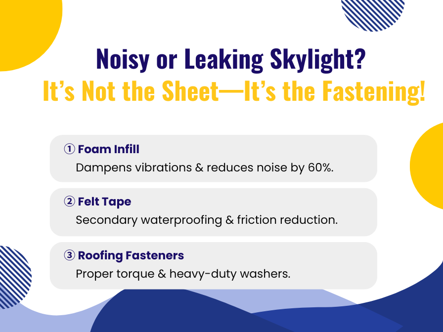 Skylight leaks when it rains and excessive noise are often caused by improper metal roof screws and roofing fasteners—not the skylight sheet itself. Learn how correct fastening details prevent leaks, reduce noise, and extend skylight lifespan.